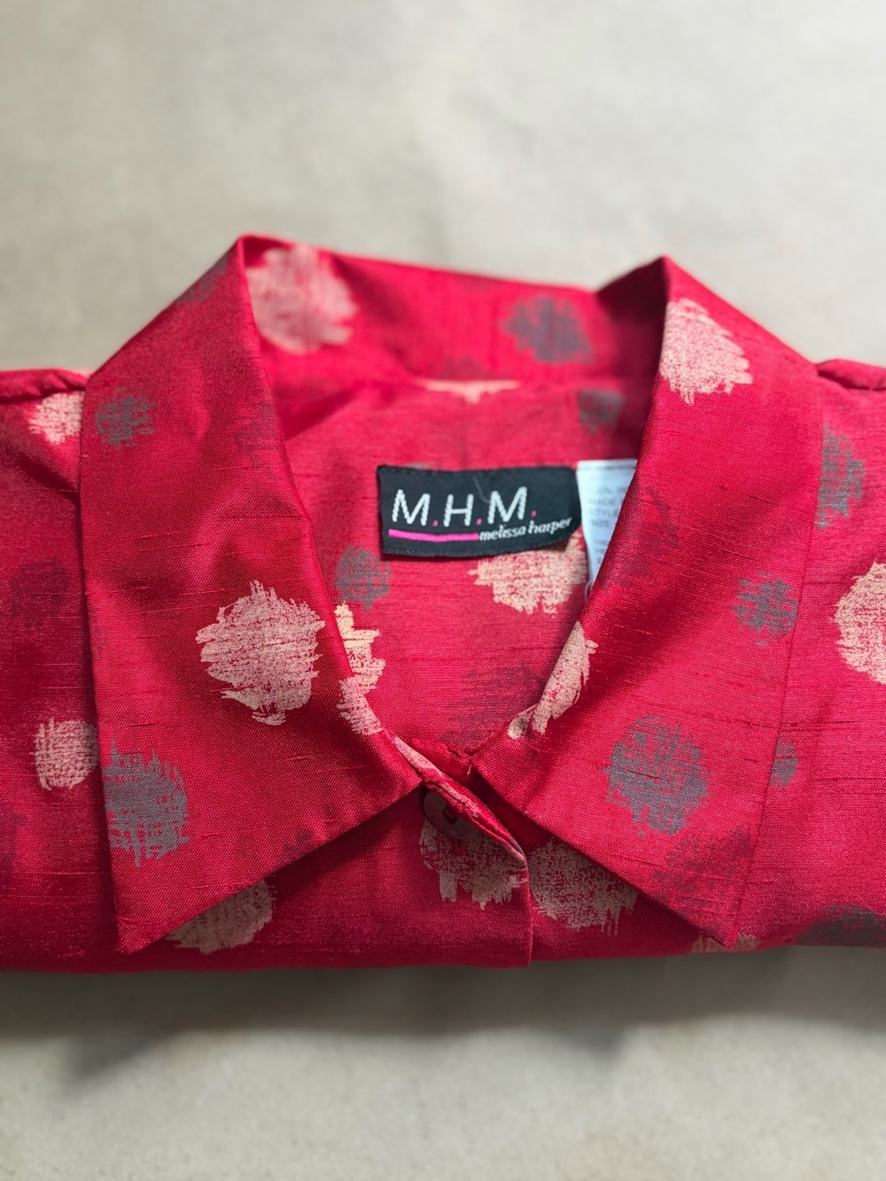 VTG 90s M.H.M. Melissa Harper Red “Silk”Abstract Dot Blouse SZ M
